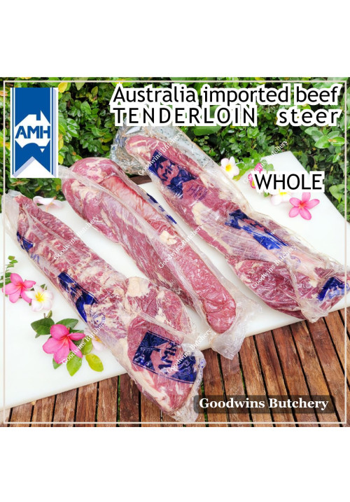 Beef Tenderloin aged frozen Australia STEER young-cattle whole cut +/- 2.3kg price/kg (eye fillet mignon daging sapi has dalam) brand AMH